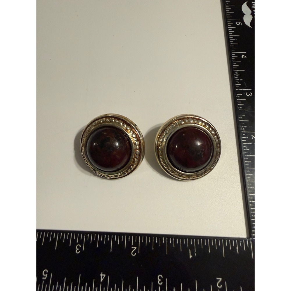 Vintage Clip On‎ Earrings Silver Tone Beaded Burgundy Cabochon Statement Studs